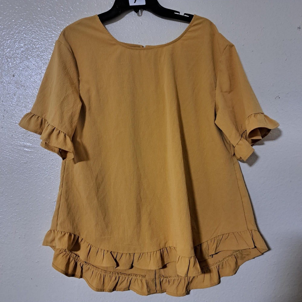 040) Shein Women's Xlarge Mustard‎ Yellow Ruffle Blouse Button Back Spring